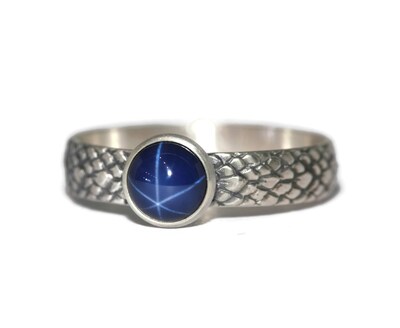 6mm Created Blue Star Sapphire Dragon Scale Band Antique Silver by Salish Sea Inspirations - image1